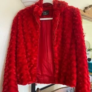 town & travel red fuzzy whirl cropped jacket